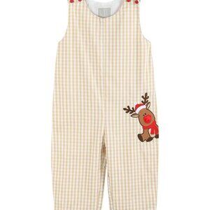 Lil Cactus Baby Boy Christmas Tan Gingham Reindeer Overalls NEW